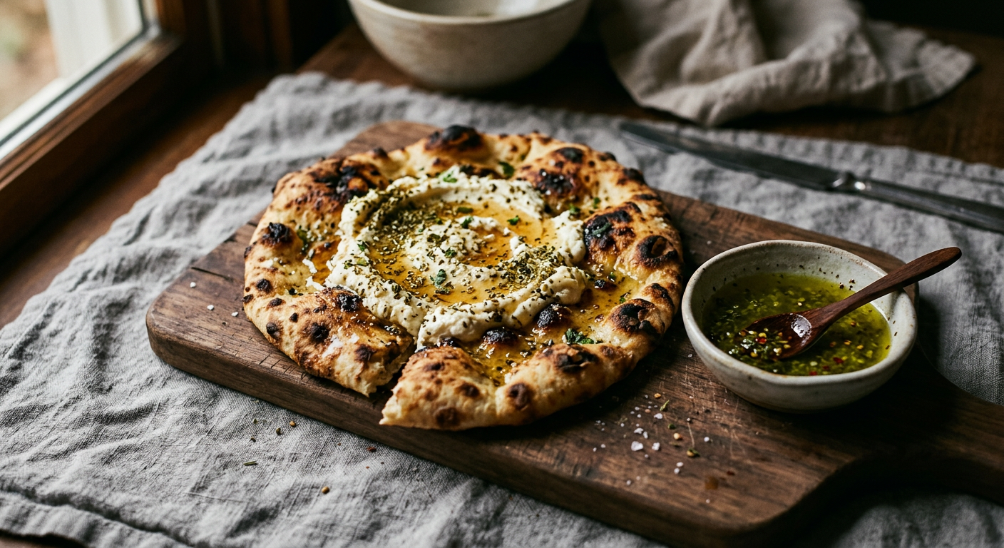 Blistered flatbread with whipped feta, honey and za’atar