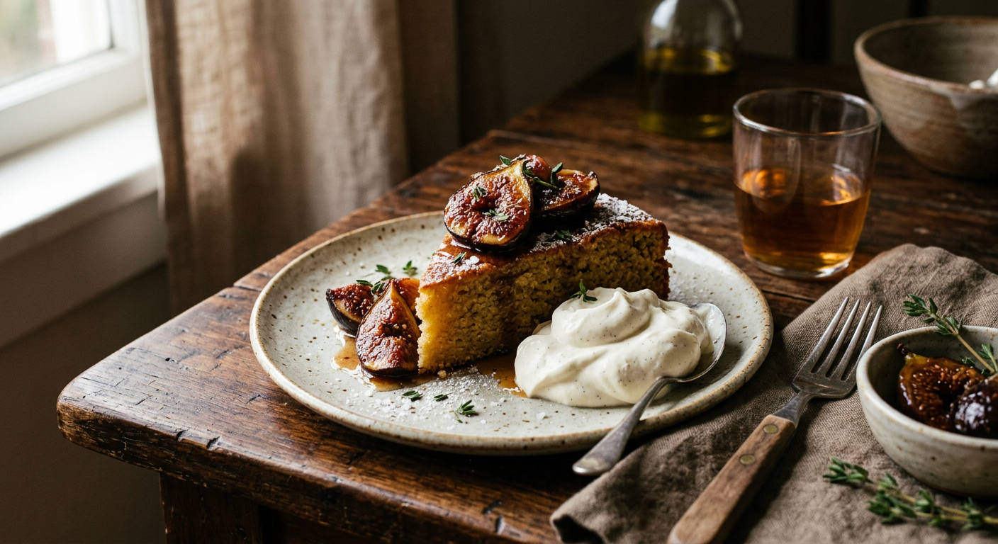 Olive oil cake with roasted figs and mascarpone cream