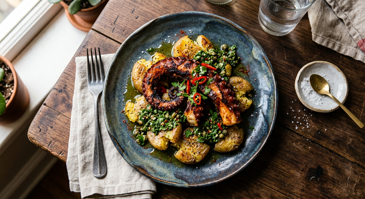 Charred octopus with potatoes and salsa verde on a ceramic plate