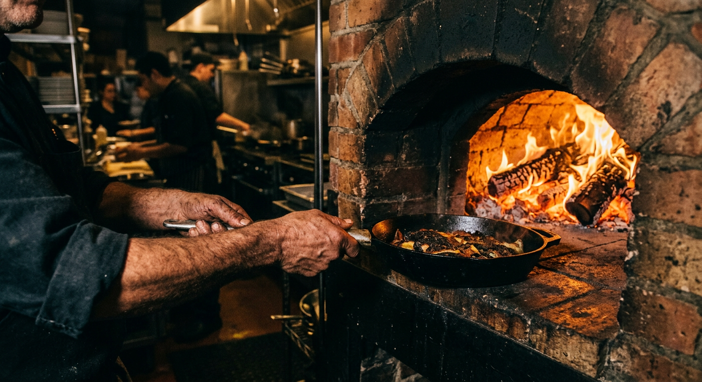 A chef sliding a pan into the glowing wood-fired oven